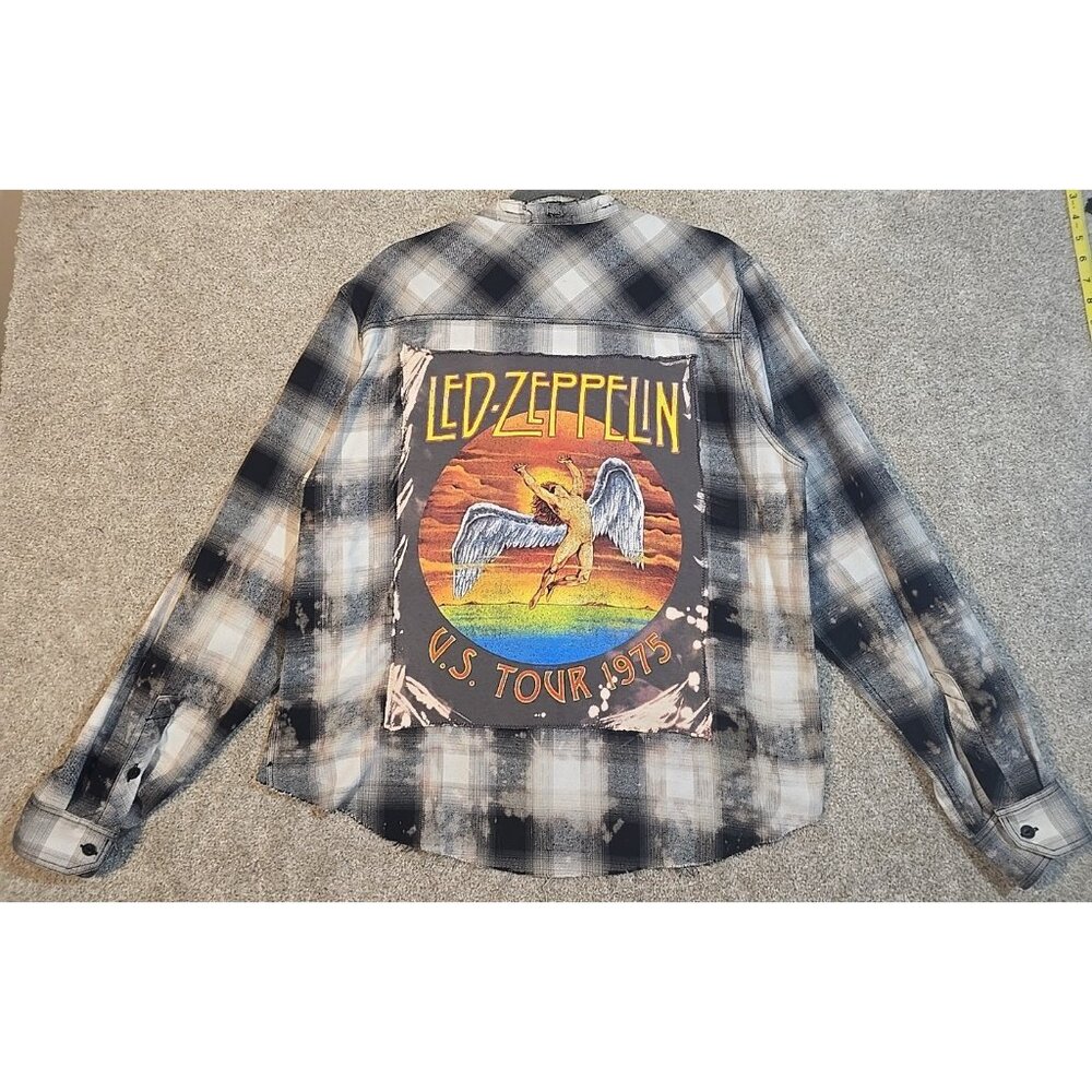 OOAK Upcycle Flannel Shacket Led Zeppelin Graphic Tee Rock Music Boyfriend Sz XL